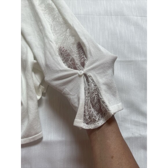 H Halston Lace Inlay Open Cardigan Sweater In White As M New - Picture 5 of 11